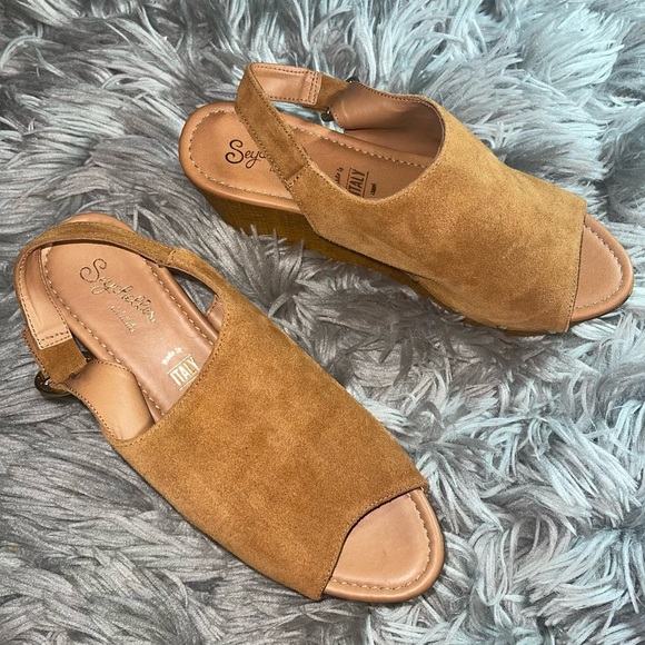 Sychelles | Elated Platform Wedge Sandal Cognac Suede Size 8.5 - Picture 2 of 6